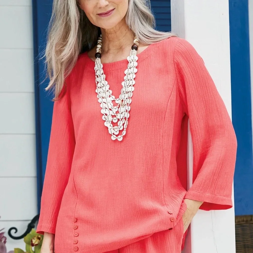 Soft Surroundings Oceo 2 Piece Matching Set Tunic Pants Size L Deep Sea Coral - Picture 9 of 10